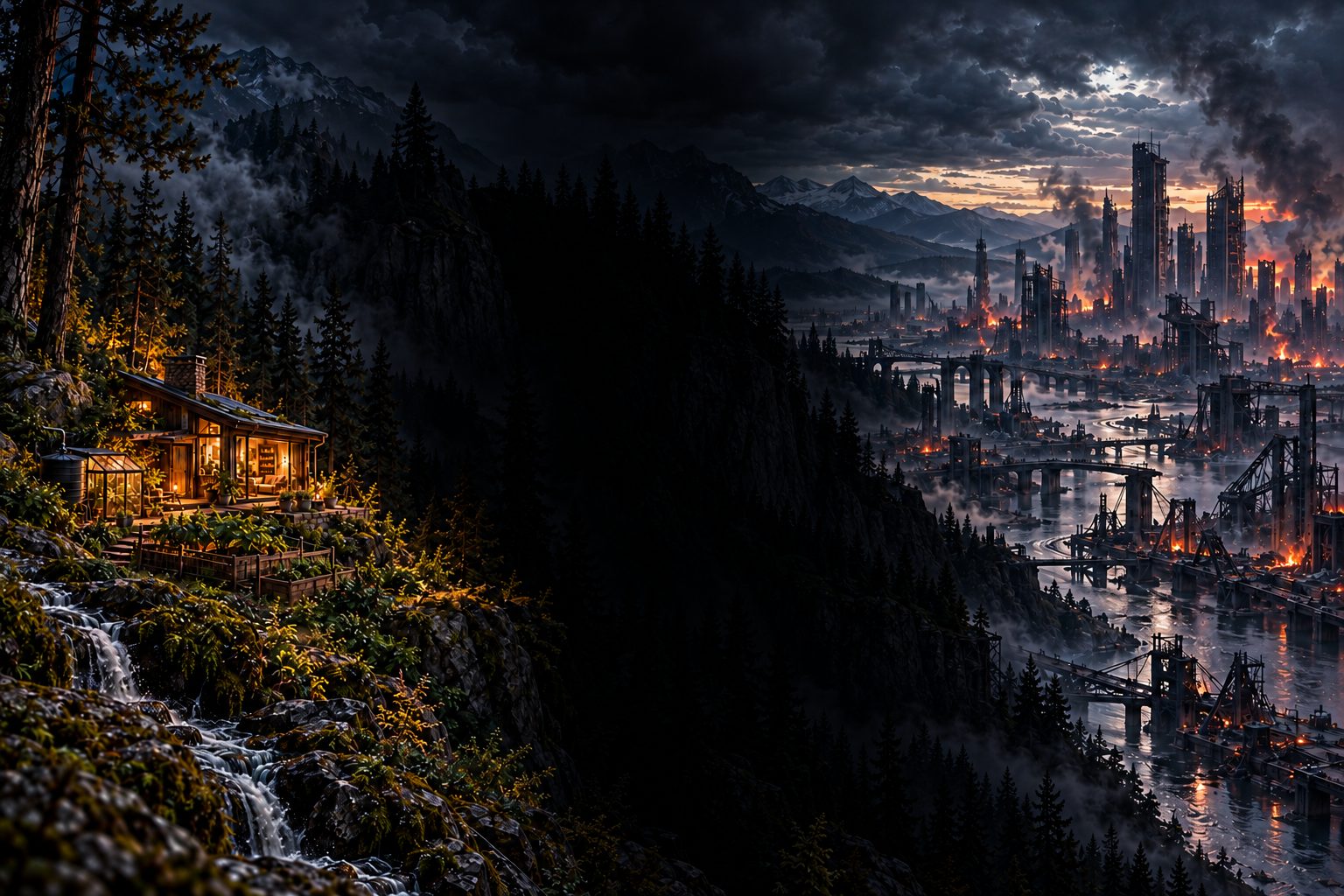 On the left, a warm woodland cabin and garden beside a waterfall; on the right, a storm-darkened, burning city across the river; between them, a dark forested gorge.